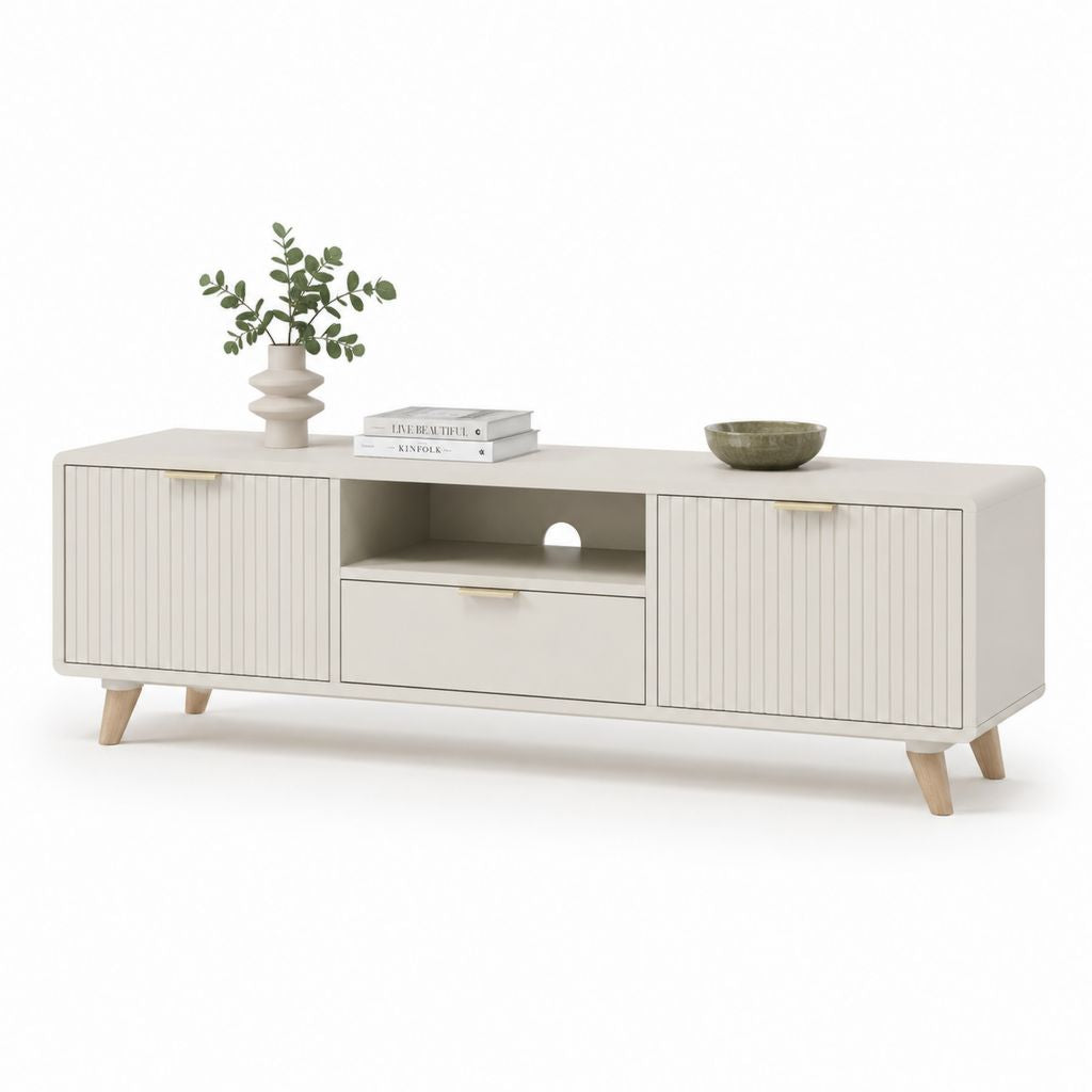 Mobile TV rettangolare bianco in MDF e legno massello 180 x 40 x 60 cm con ante e cassetto