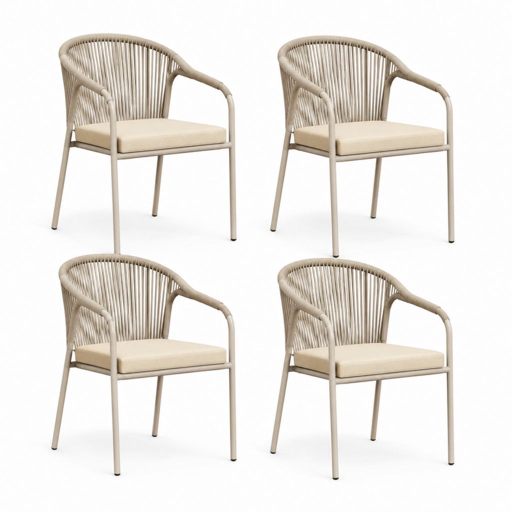 Set di 4 sedie da giardino con braccioli beige in acciaio e corda PE 56 x 60 x 80 cm