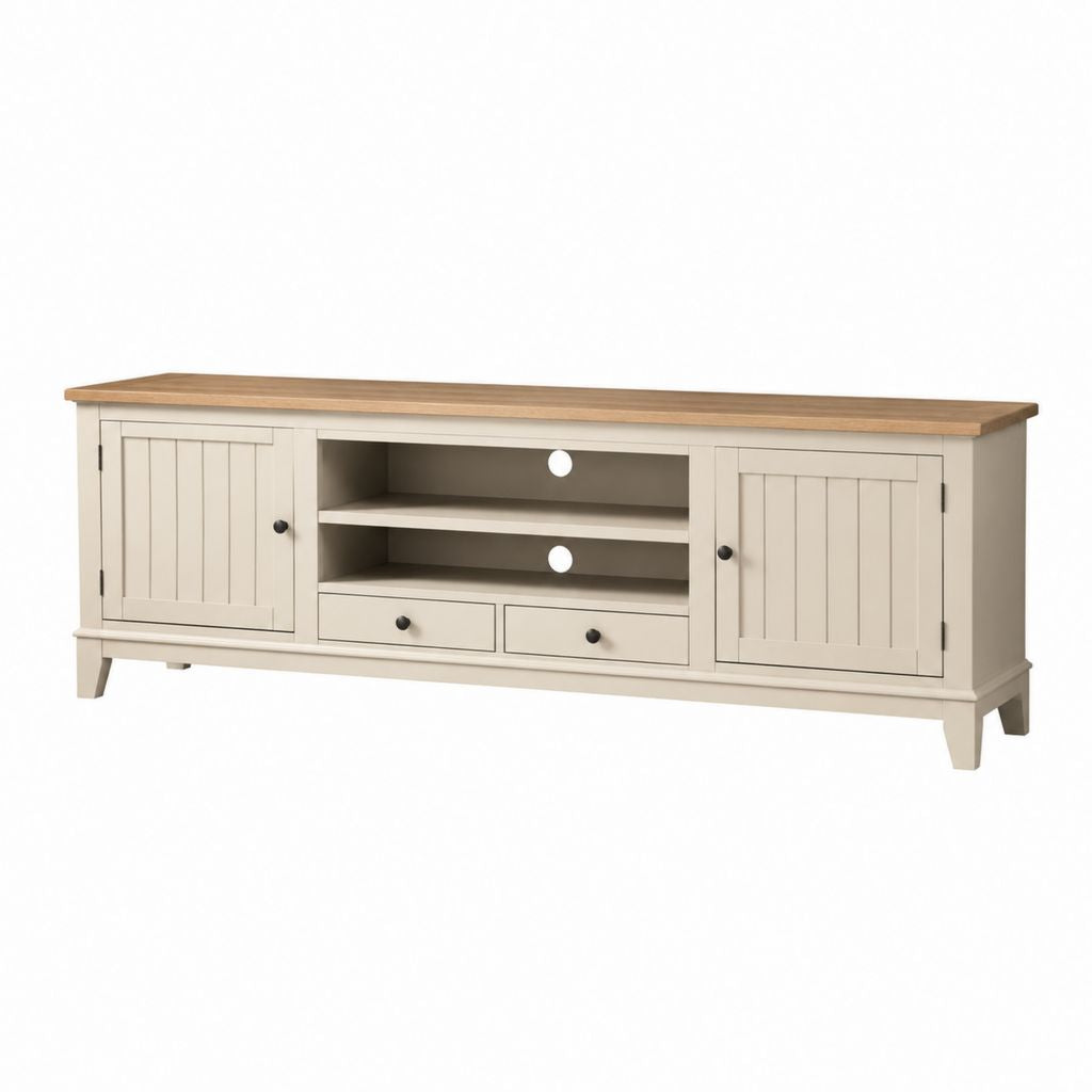 Mobile TV crema e rovere in MDF rettangolare con 2 ante 2 cassetti e 2 ripiani 150 x 40 x 60 cm