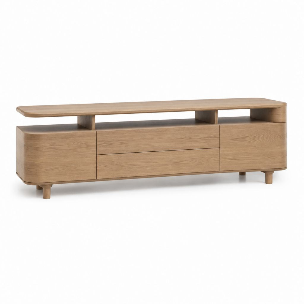 Mobile TV basso color rovere in MDF impiallacciato con angoli arrotondati 180 x 40 x 55 cm