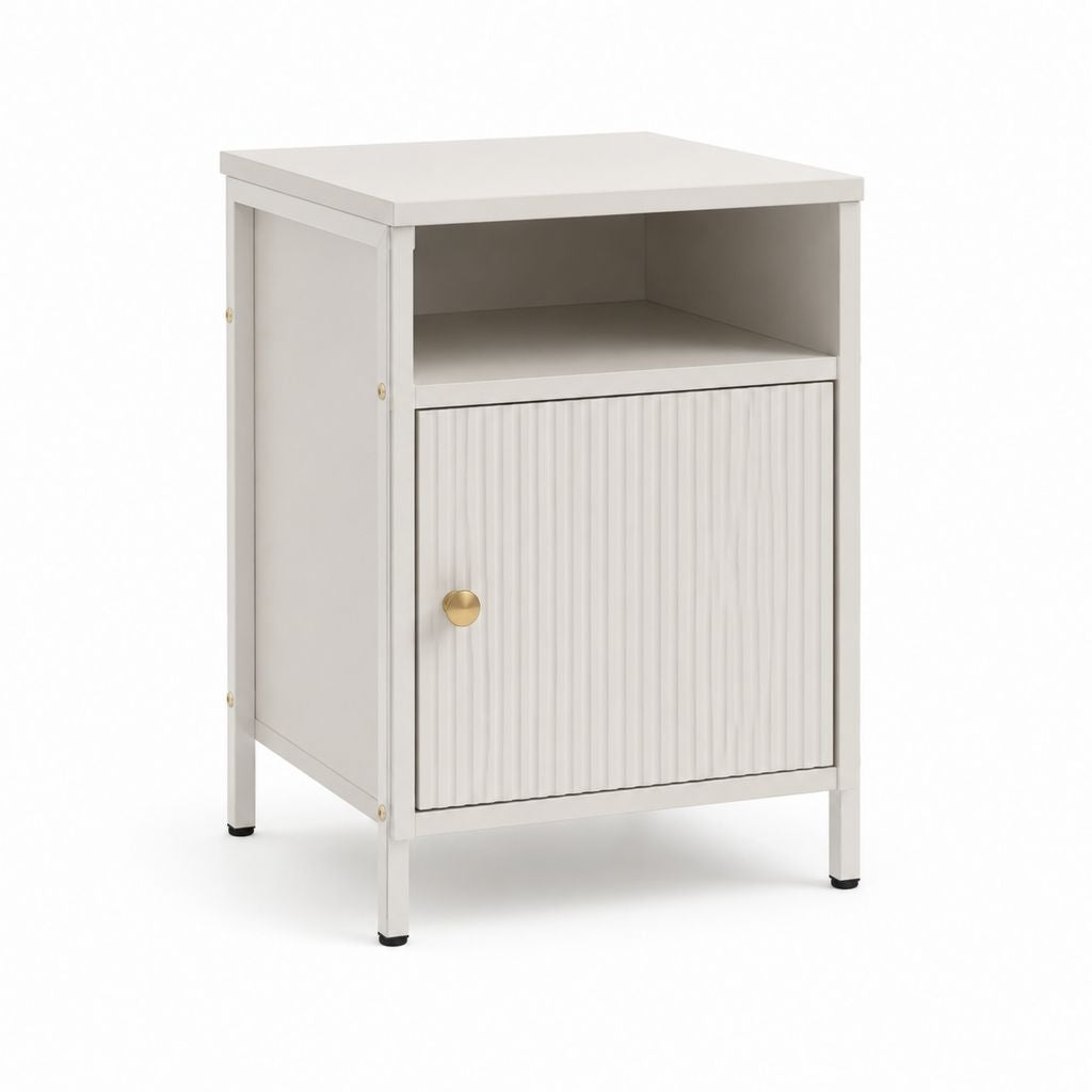 Comodino rettangolare bianco in MDF e acciaio con anta e vano a giorno 40 x 35 x 60 cm