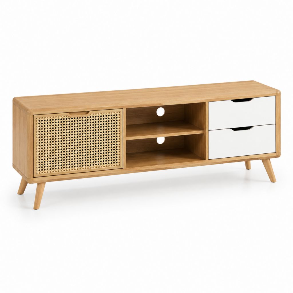 Mobile porta TV 150 cm rovere chiaro e bianco in MDF impiallacciato rovere con anta in rattan rettangolare