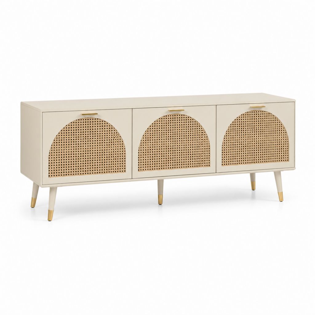 Mobile TV rettangolare a 3 ante color panna in MDF e rattan 160 x 40 x 75 cm
