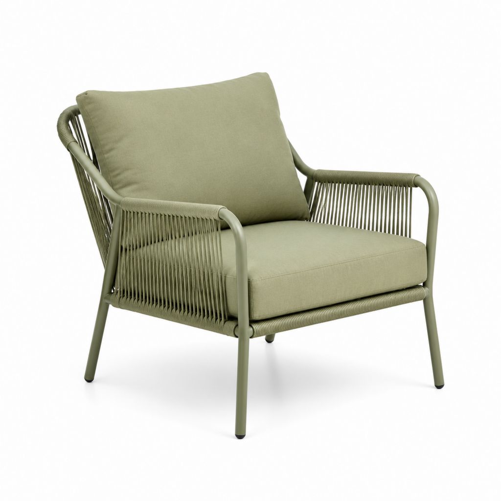 Poltrona da giardino verde oliva in acciaio verniciato e corda in poliestere con cuscini 70 x 75 x 80 cm