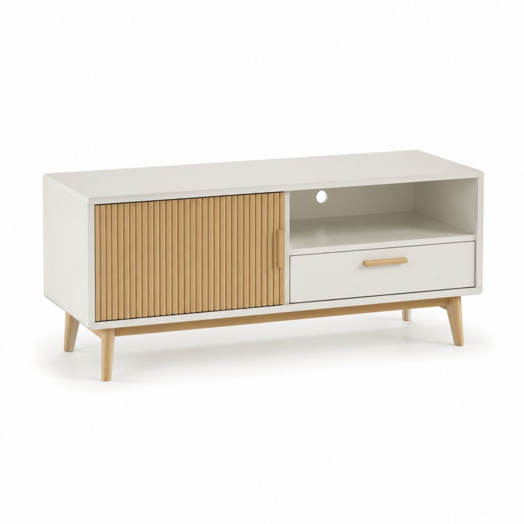 Mobile TV bianco in MDF e legno massello con anta scorrevole 120 x 40 x 60 cm