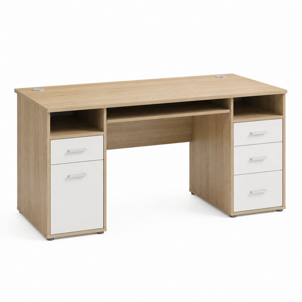 Scrivania da ufficio rettangolare rovere chiaro e bianco in pannello truciolare 140 x 60 x 75 cm