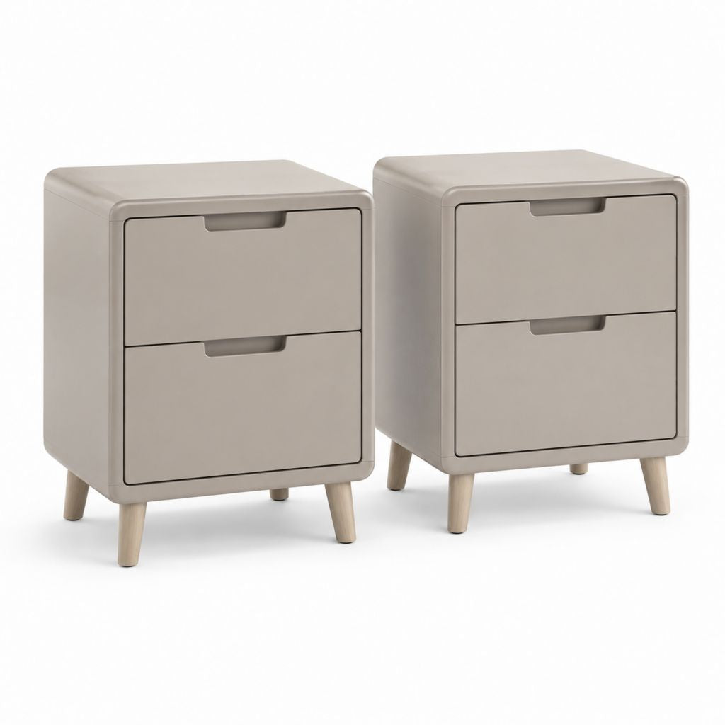 Set di 2 comodini con 2 cassetti tortora in MDF e gambe in legno massello 40 x 35 x 55 cm