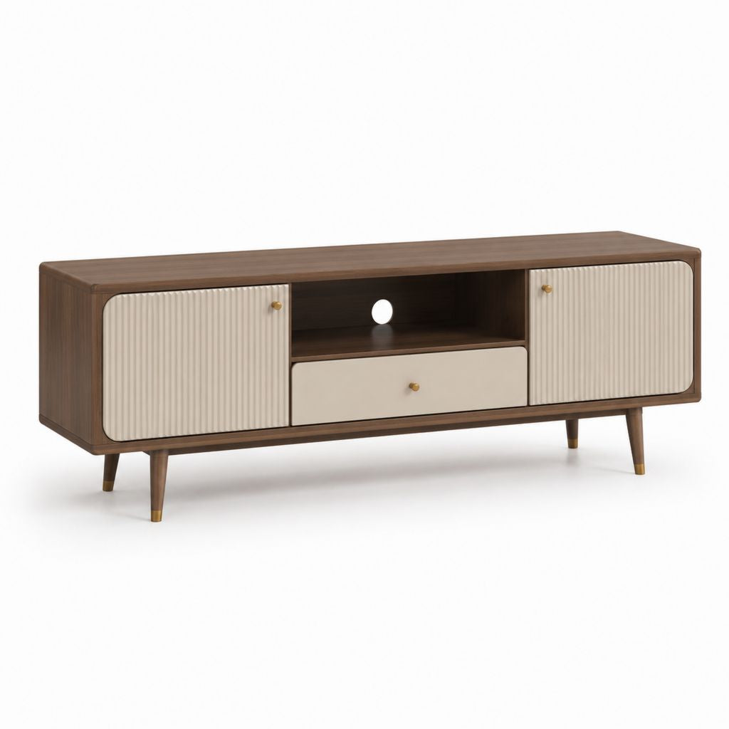 Mobile TV rettangolare noce e crema in MDF 160 x 40 x 55 cm con 2 ante e cassetto