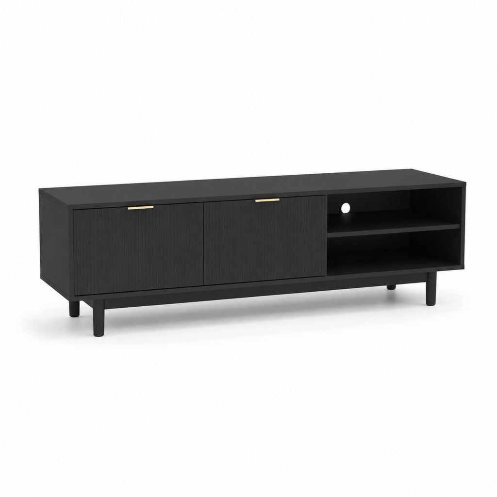 Mobile TV nero in pannello truciolare con 2 ante e vani aperti 180 x 40 x 55 cm