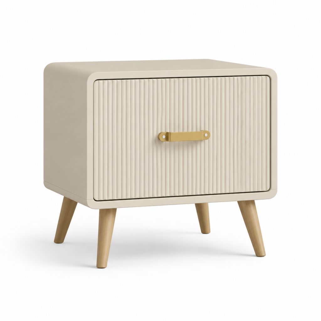 Comodino rettangolare con anta a rilievo color crema in MDF e faggio massello 50 x 40 x 55 cm