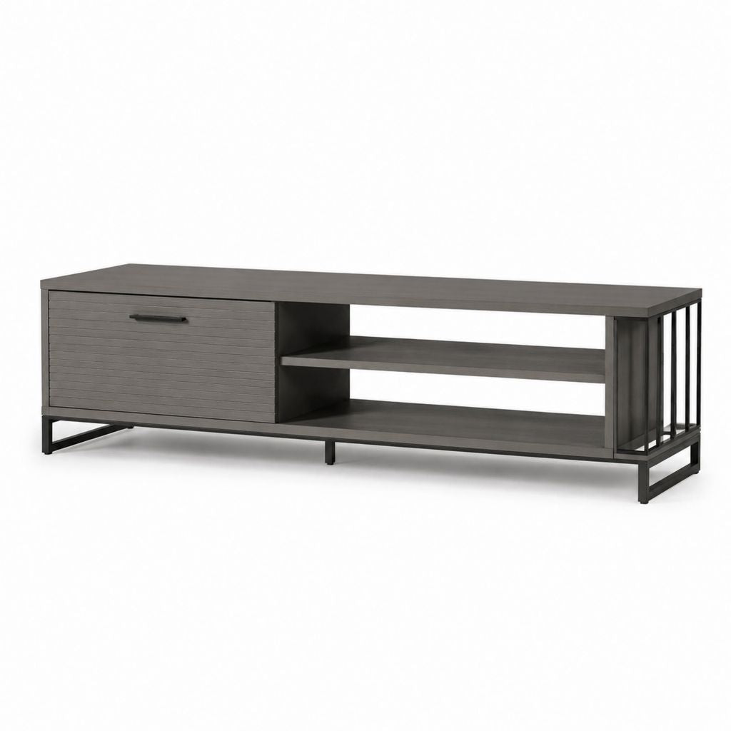 Mobile TV grigio scuro in MDF e acciaio rettangolare con cassetto e ripiani 180 x 40 x 55 cm