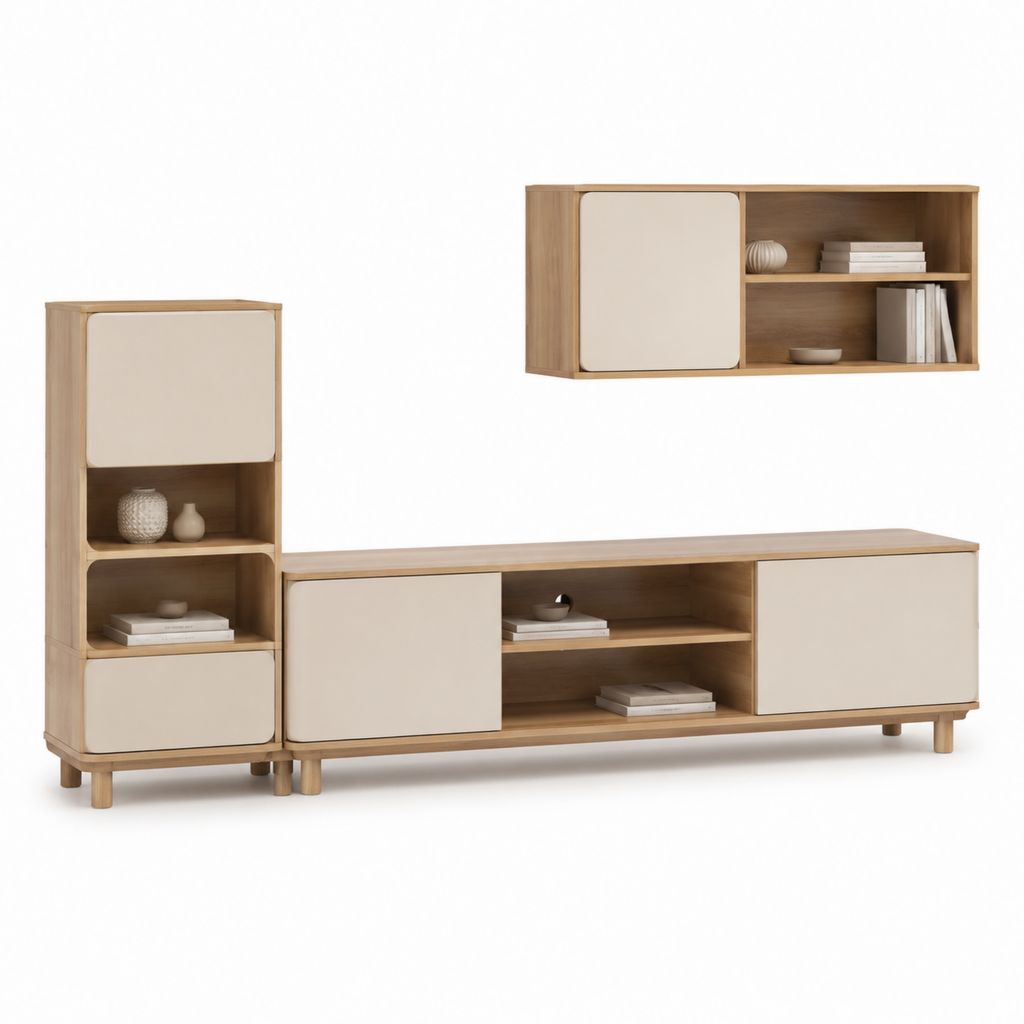 Set mobili TV rettangolari in MDF impiallacciato rovere e frontali beige 240 x 40 x 160 cm