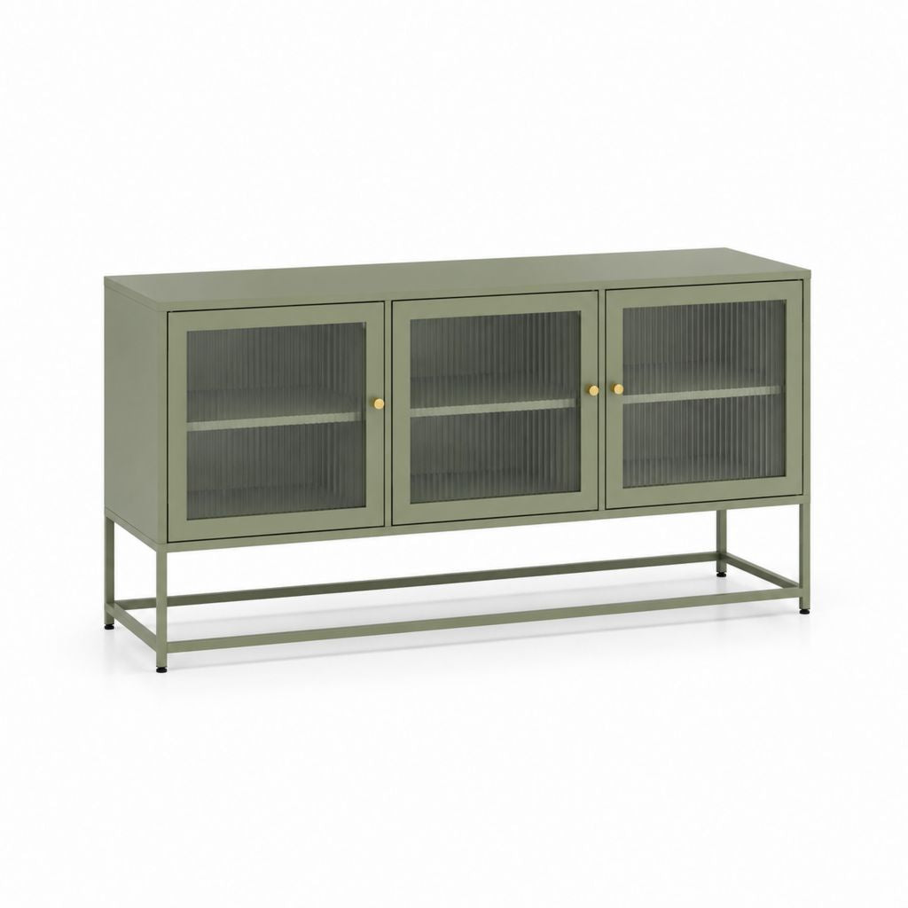 Mobile TV contenitore verde oliva in acciaio rettangolare con 3 ante in vetro rigato 160 x 40 x 80 cm
