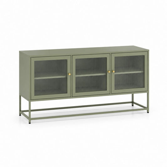 Mobile TV contenitore verde oliva in acciaio rettangolare con 3 ante in vetro rigato 160 x 40 x 80 cm