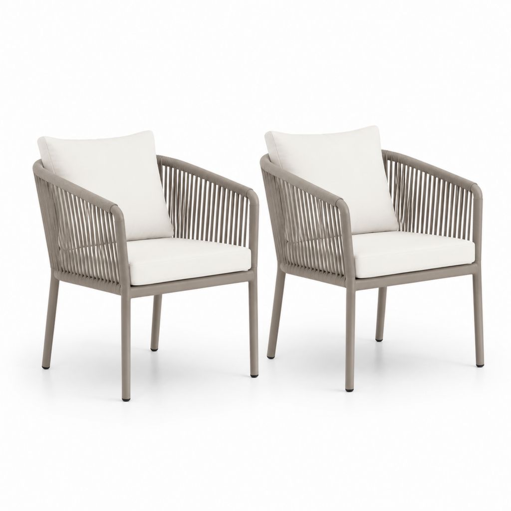 Set di 2 sedie da giardino con braccioli tortora e bianco in alluminio e corda di poliestere 58 x 62 x 82 cm