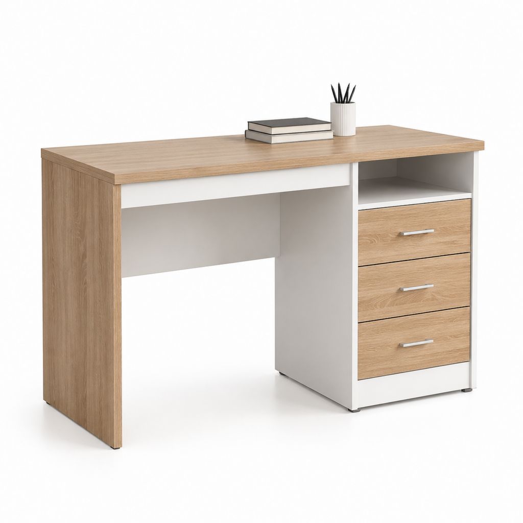 Scrivania da ufficio rettangolare rovere chiaro e bianco in pannello truciolare nobilitato con 3 cassetti 120 x 60 x 75 cm
