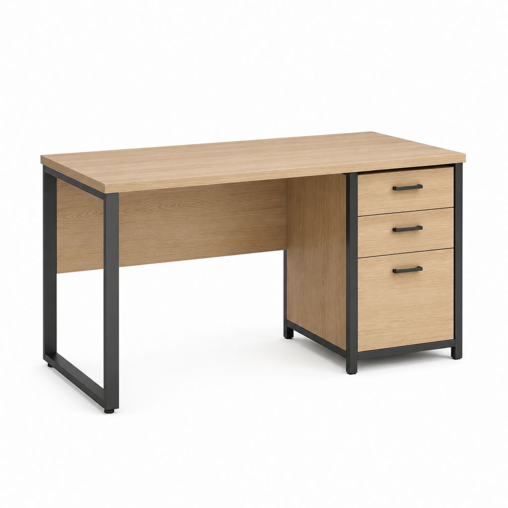 Scrivania da ufficio con 3 cassetti rovere chiaro e acciaio nero rettangolare 120 x 60 x 75 cm
